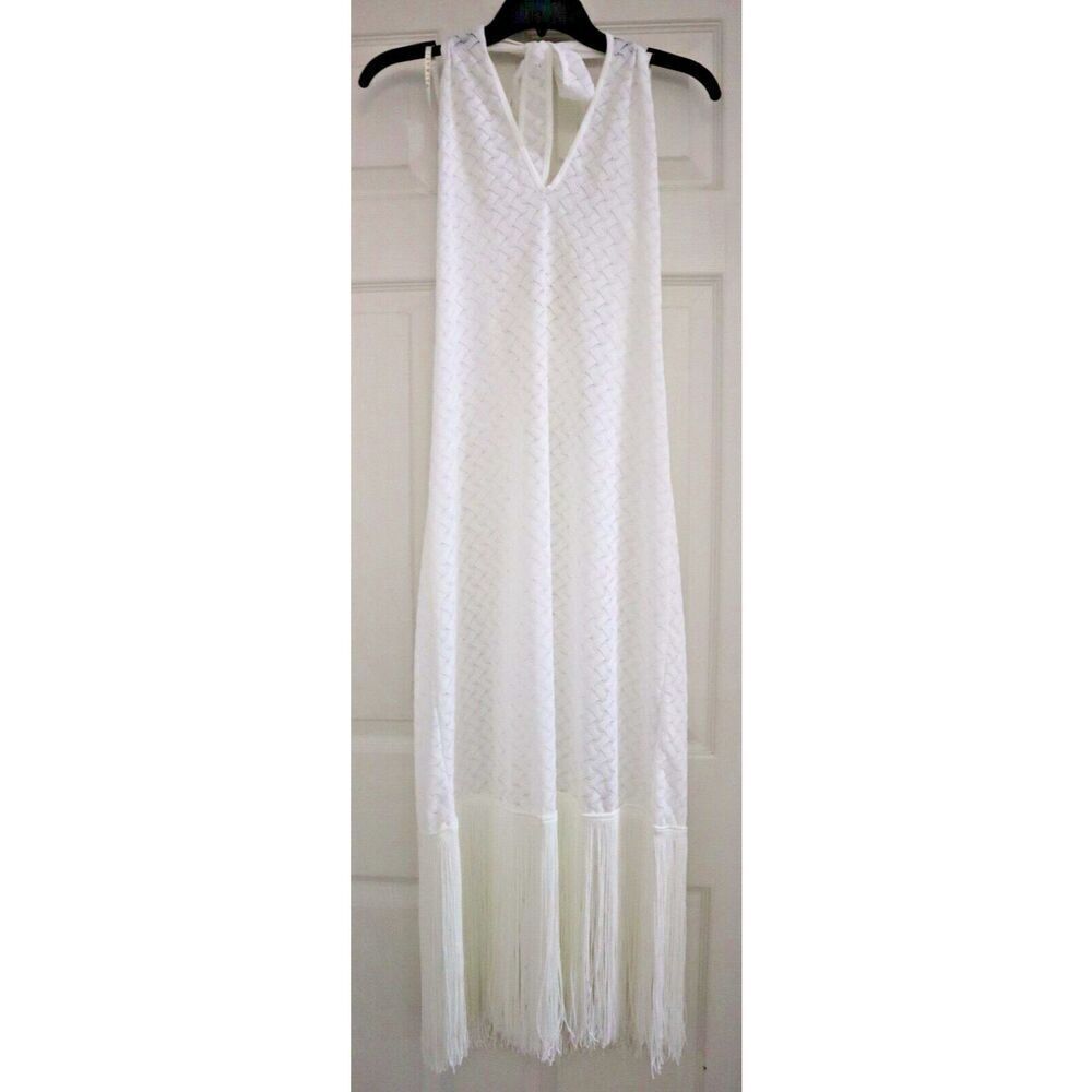 Waimari D267LCW Women's Sz Medium White Levisa Fringe Hem Halter Midi Dress